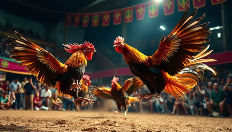 Exciting live cockfight scene at sv368win.live showcasing vibrant roosters and enthusiastic crowd.