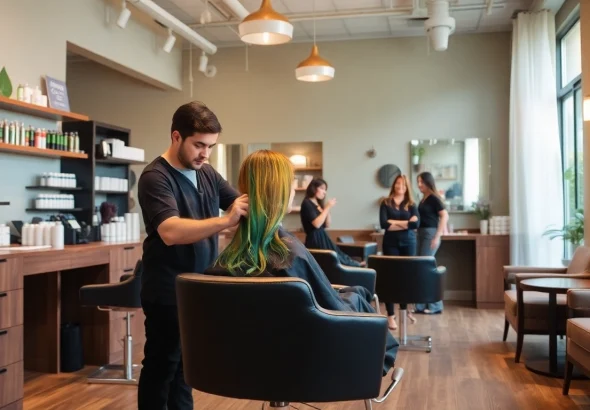 Experience the artistry at addendum salon, with a stylist crafting vibrant hair color and precision cuts in a serene environment.