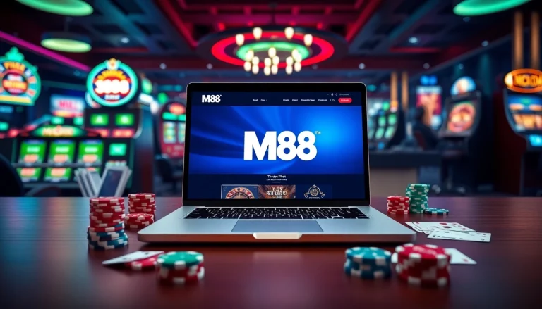 M88.com.mx online gambling platform displayed on a laptop amidst casino-themed props like cards and chips.