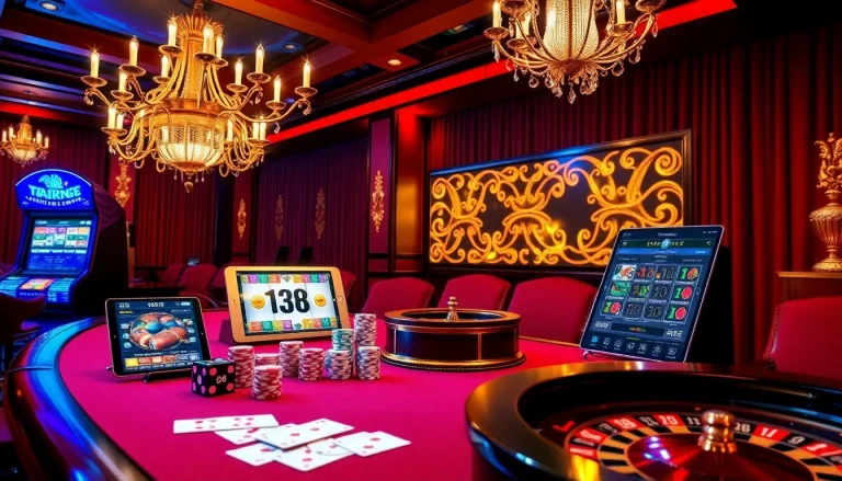 Engaging scene showcasing the excitement of online gambling at 8daywin.live with casino tables and vibrant slot machines.