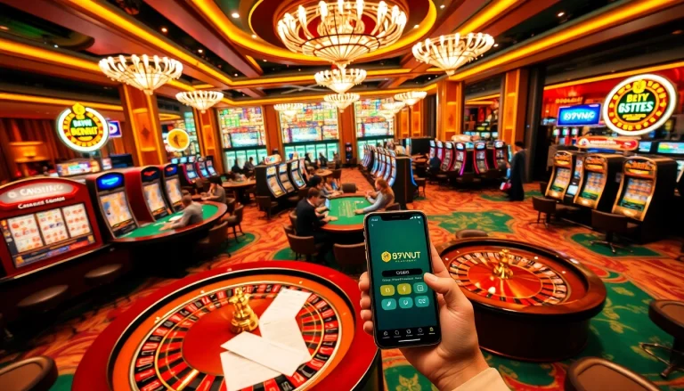 Exciting gambling atmosphere featuring a modern casino scene and the online gambling interface of 69vn.gb.net.