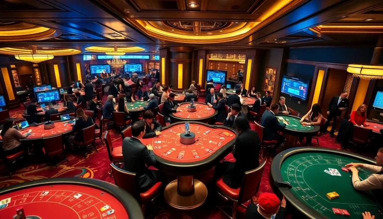 Exciting online casino experience at w88.nyc with players engaging in baccarat and blackjack surrounded by a vibrant atmosphere.