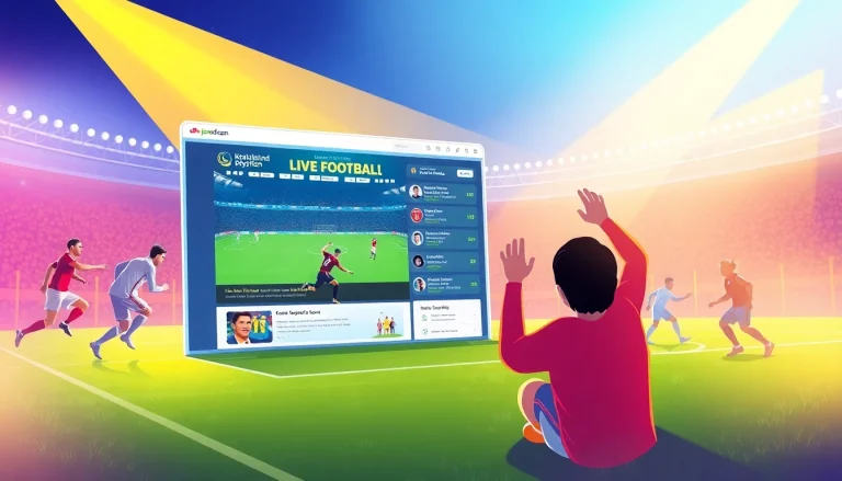 Vibrant illustration of a football streaming interface at joemadfan.com showcasing live matches and user engagement.