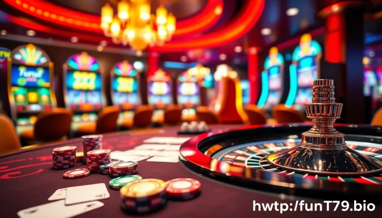 Winning at the table with bustling energy from https://fun79.bio/, highlighting casino chips and cards.
