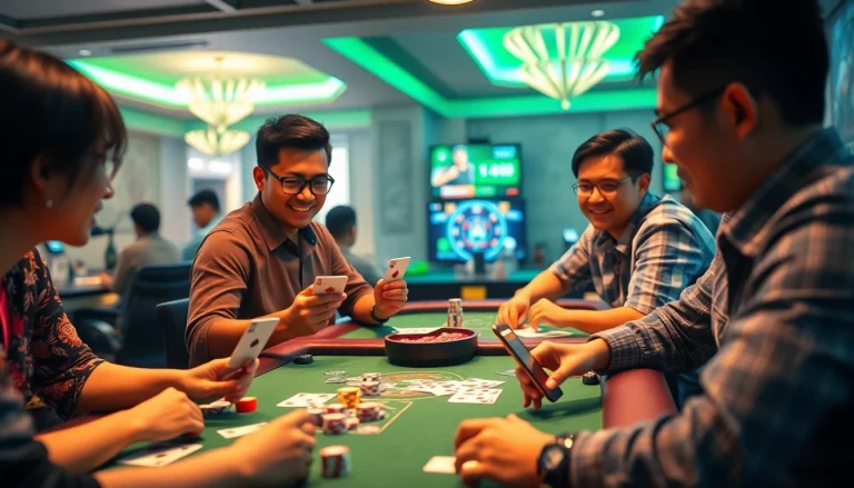Online gaming community engaging in card games on topgamebaidoithuong.mx, filled with excitement and vibrant colors.