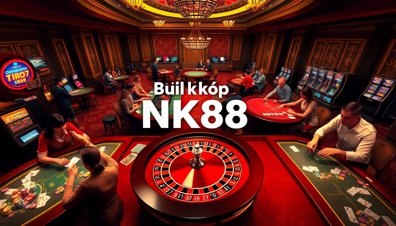 Bí kíp NK88 strategies for winning at casino games in a vibrant, luxurious casino scene.