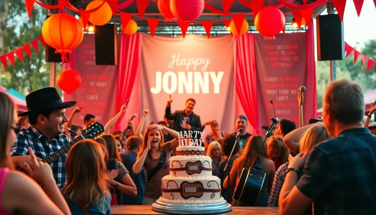 JohnnyCashBirthday.com celebrates Johnny Cash with a festive birthday scene featuring lively fans and colorful decorations.