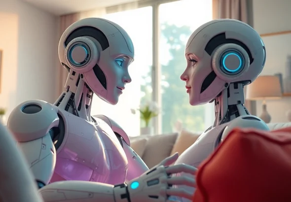 Interactive scene with a sex bot sharing an intimate moment in a modern living room.