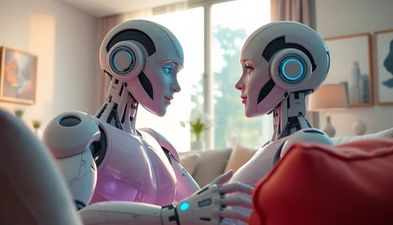 Interactive scene with a sex bot sharing an intimate moment in a modern living room.