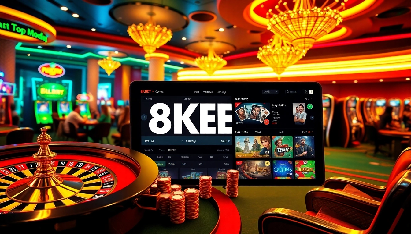 Experience the excitement of casinos with the 8KBET TOP platform featuring poker chips and slot machines