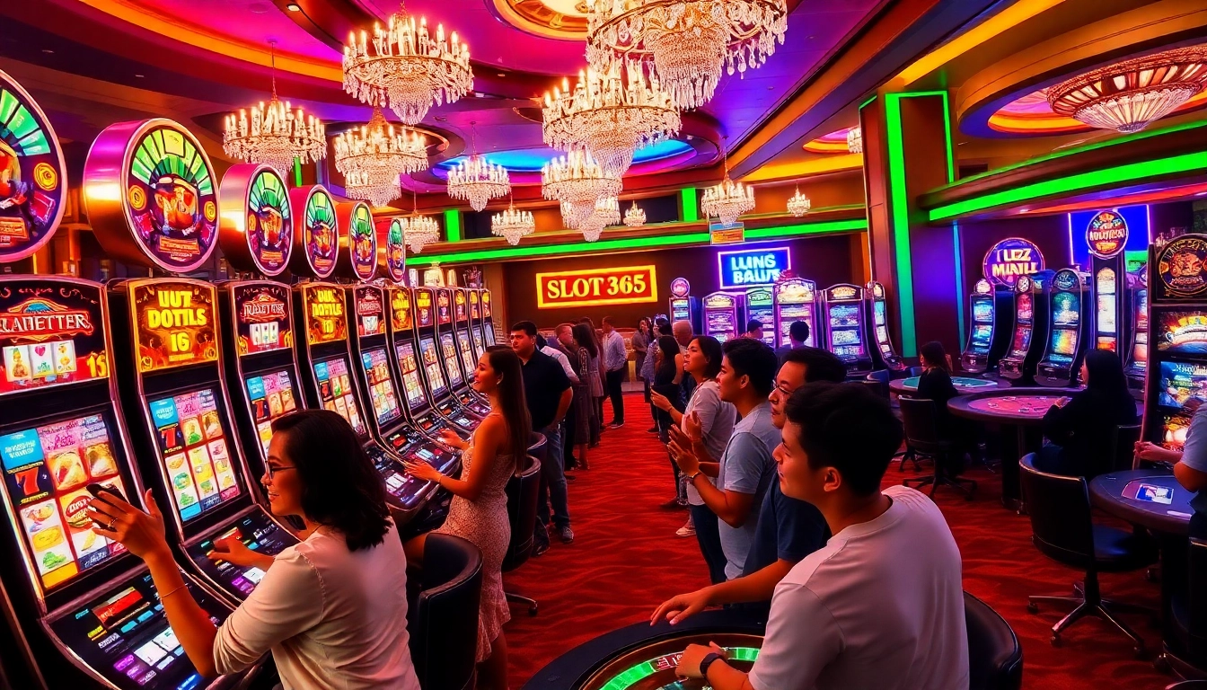 Experience the luxury of slot 365 gameplay with vibrant slot machines and excited players.
