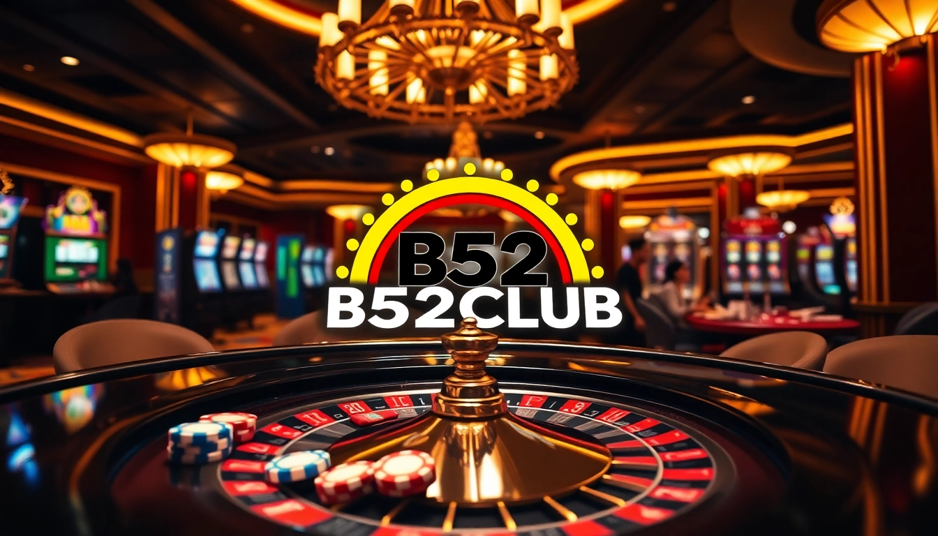 B52CLUB logo on a luxurious casino roulette table filled with vibrant poker chips.