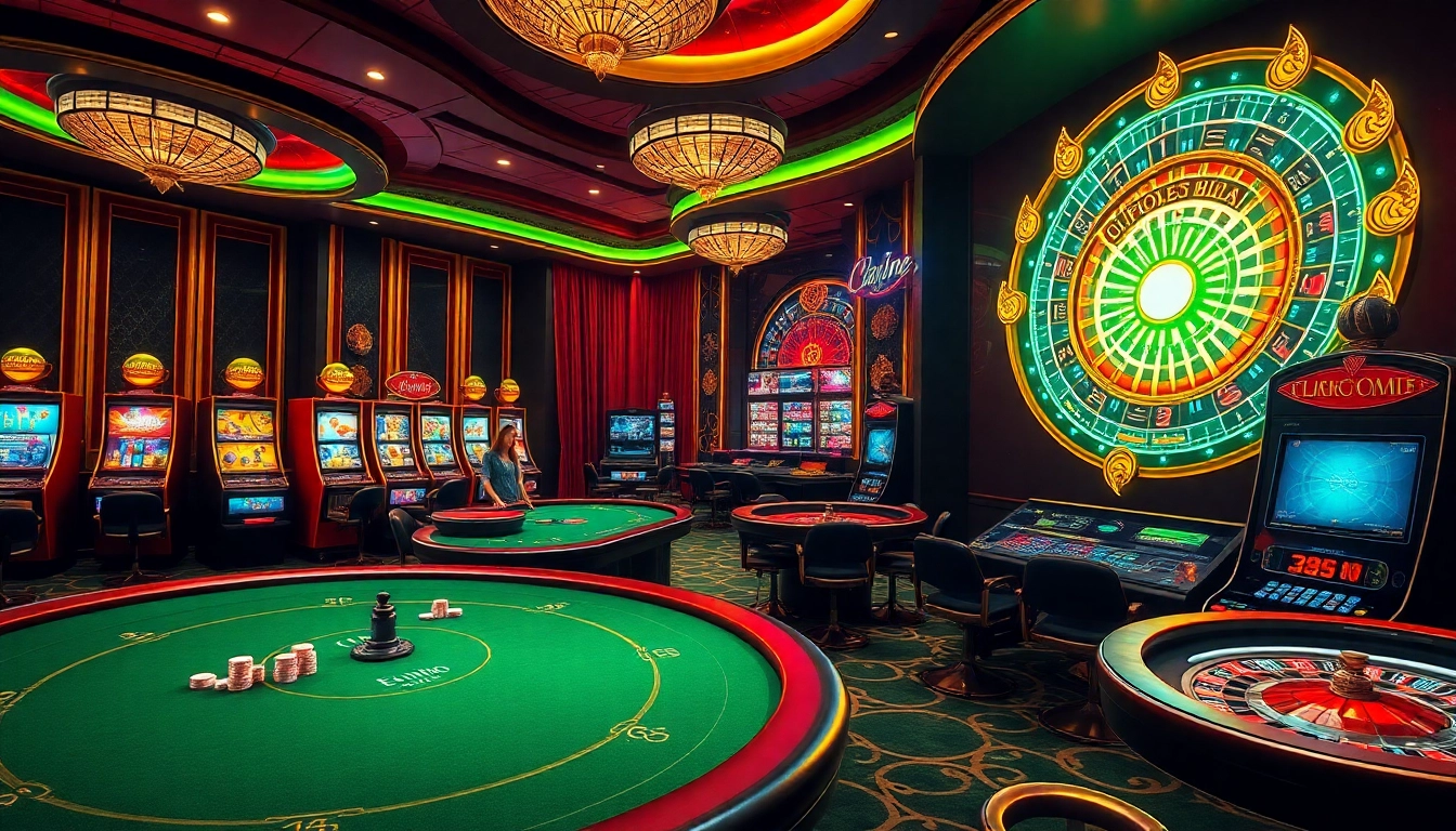 An elegant casino scene showcasing exciting gameplay elements at nhà cái nohu90, featuring poker tables, slot machines, and roulette wheels.