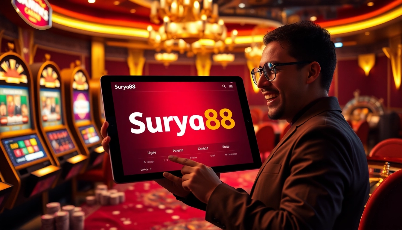 Menghadapi slot online Surya88 dalam lingkungan kasino yang mewah, menyoroti permainan yang mendebarkan.