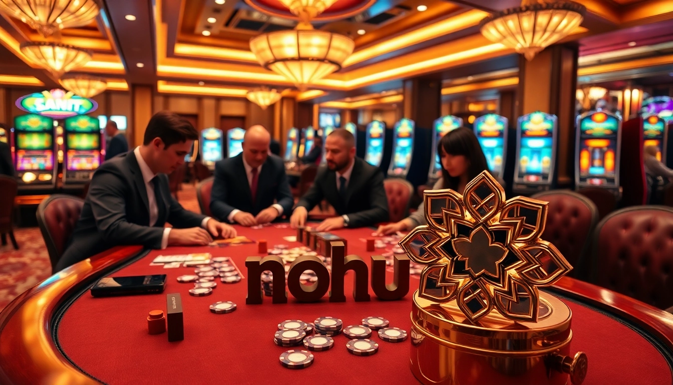 Nohu casino experience with players working the high-stakes poker table amid vibrant chips and polished decor.