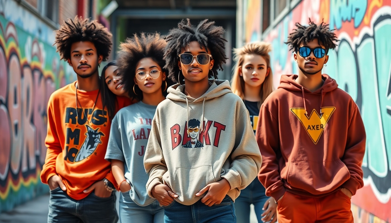 Dynamic scene of diverse individuals showcasing streetwear clothes with urban graffiti.