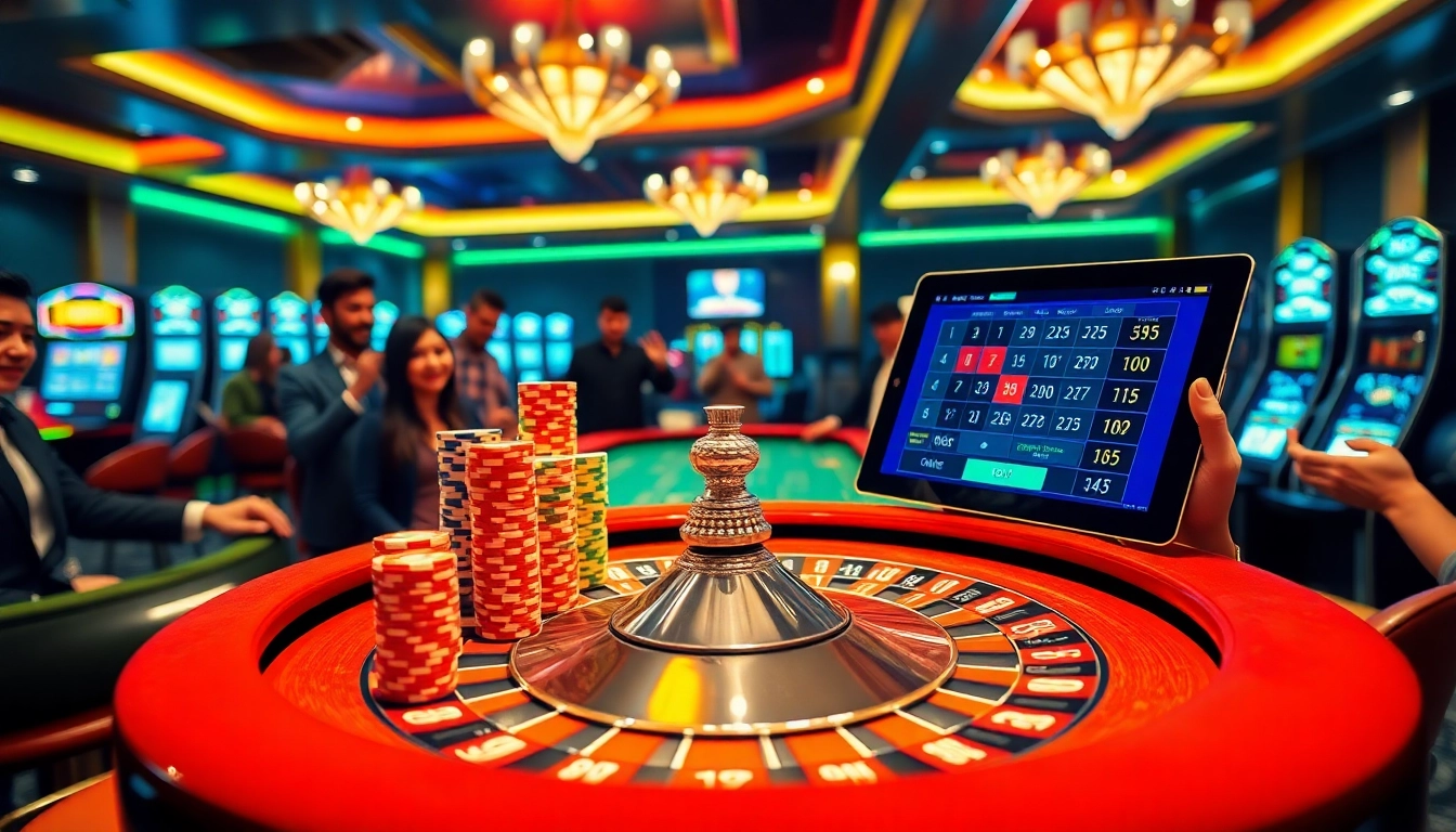Players engaging at the roulette table in a luxurious casino scene featuring abcvip elements.