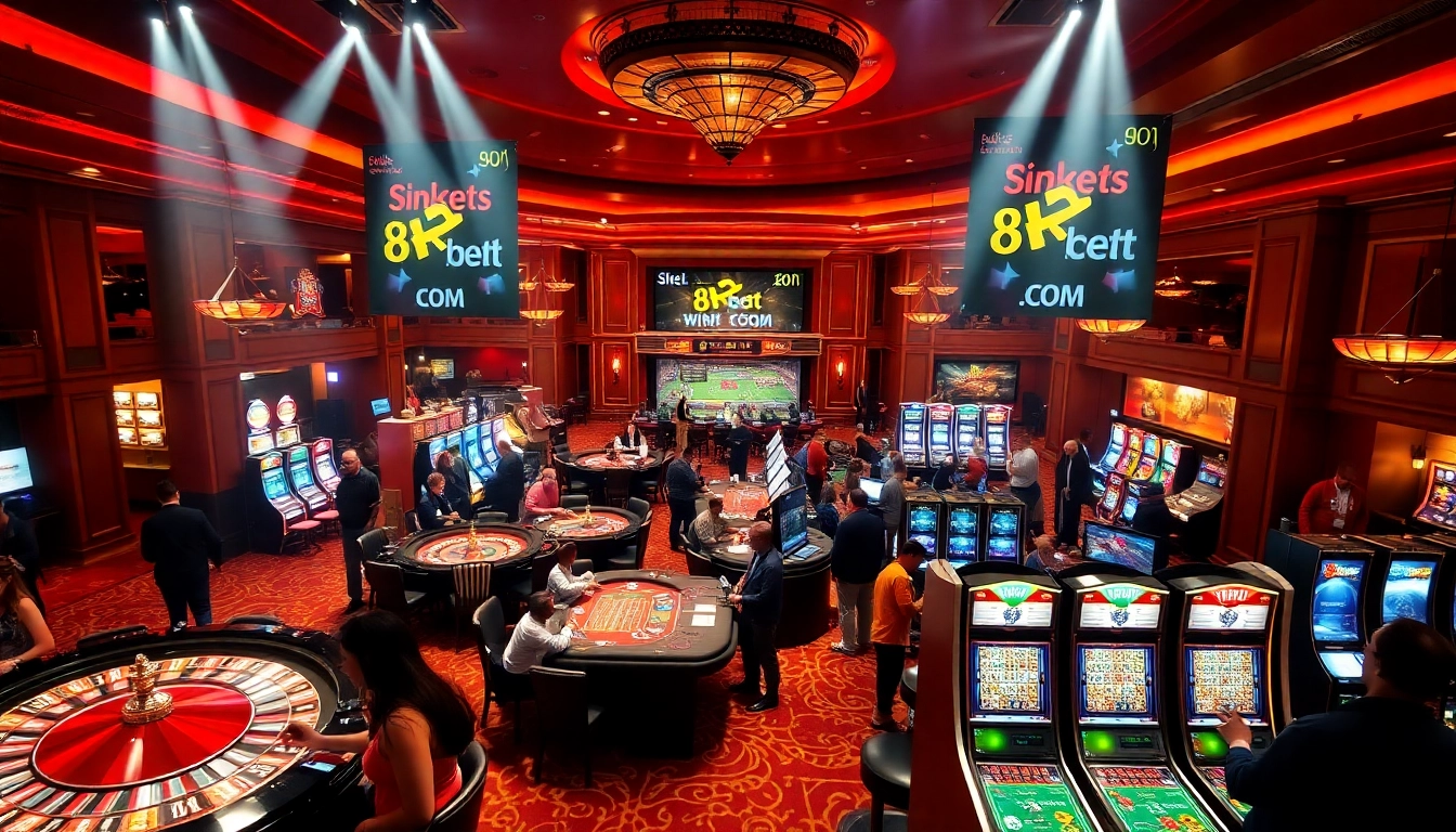 Exciting casino atmosphere with diverse games and prominent 8kbet com promotions.