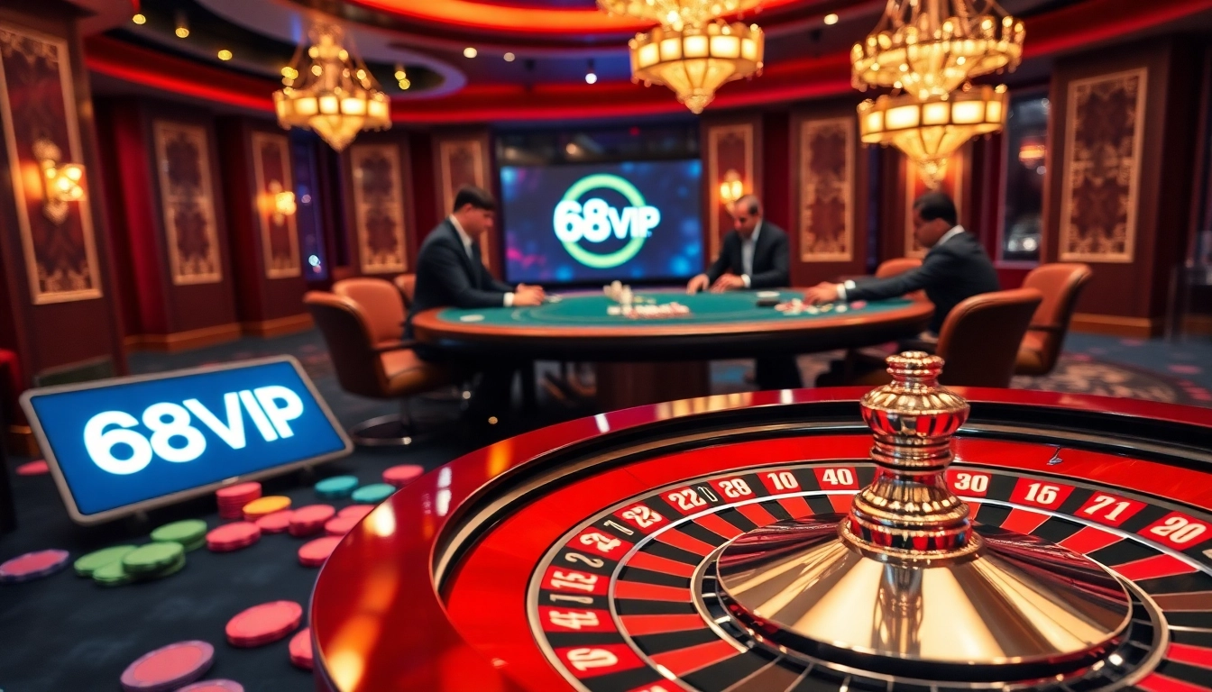 Experience the thrill of 68VIP's casino games with engaging poker play and a vibrant roulette.