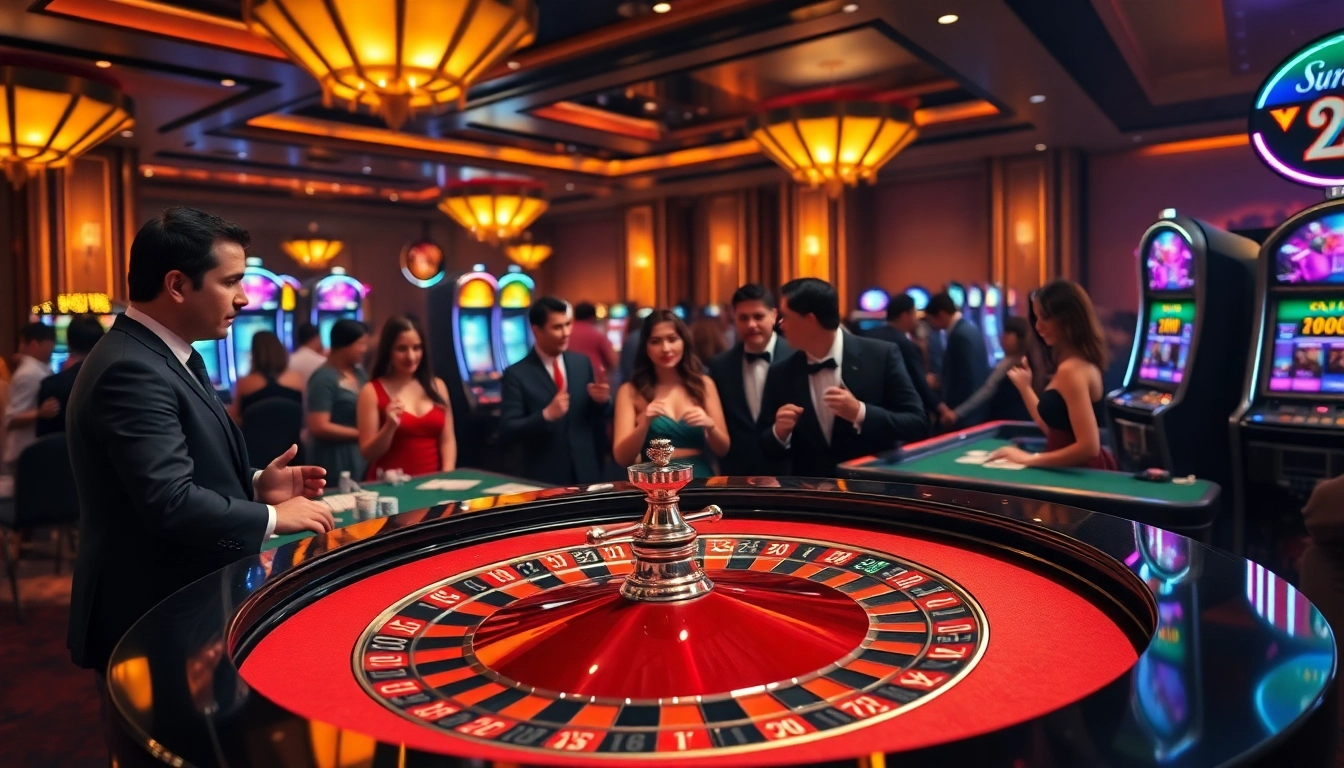 Experience F168 55 thrills at a luxurious casino with roulette tables and vibrant slot machines.