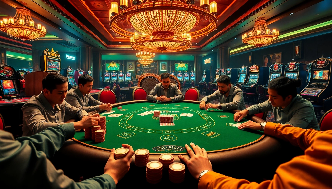 Exciting poker game featuring trang chủ UU88 elements with vibrant chips and attentive players.