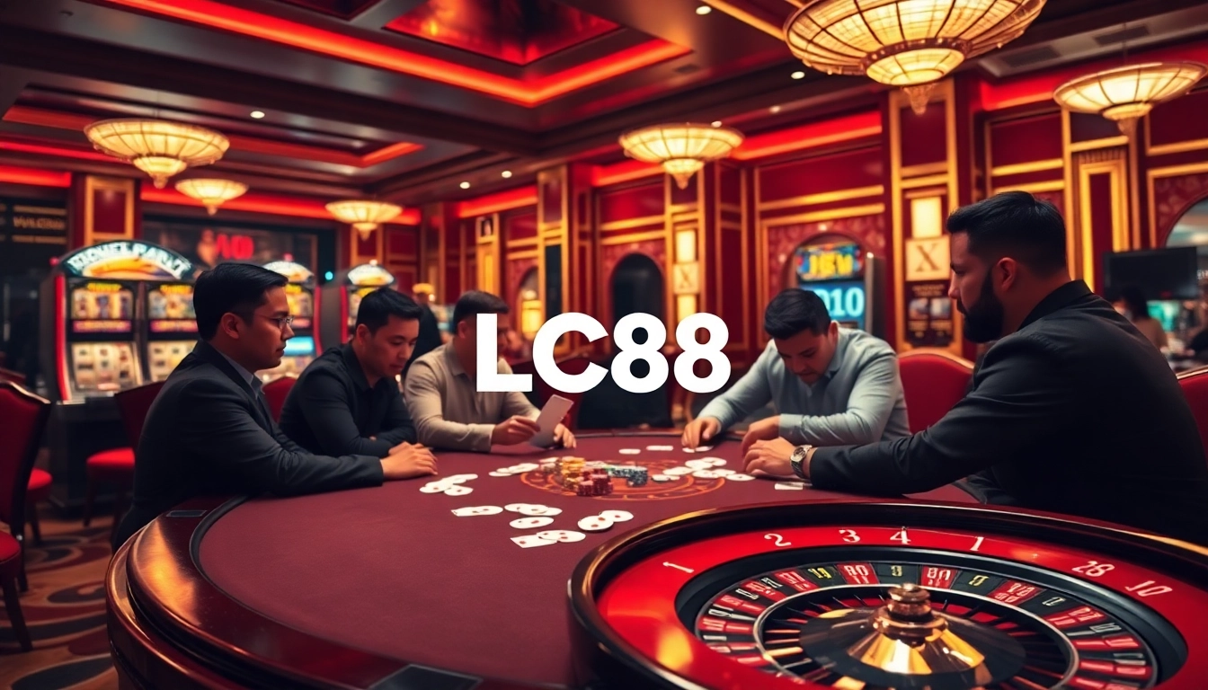 Players engaging in high-stakes poker at LC88 casino table, showcasing excitement and strategy.