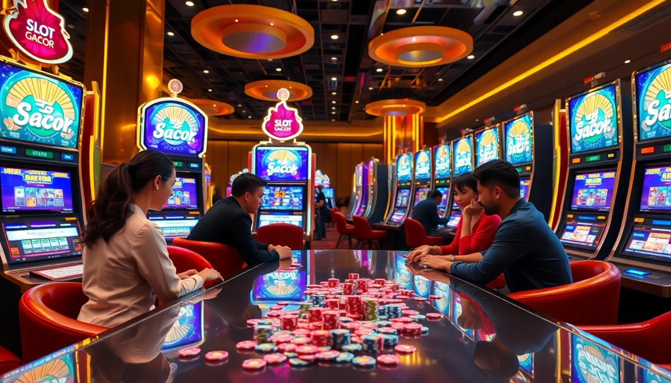 Pemain menikmati pengalaman Slot gacor yang inovatif di kasino mewah dengan mesin yang berwarna-warni.