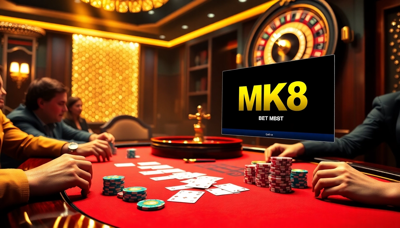 Excited players engaging in a high-stakes game at MK8 casino poker table.