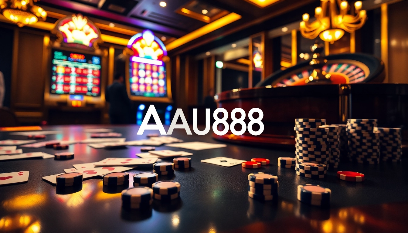 Players enjoy a thrilling moment at AU88 casino with cards and chips on a vibrant table.