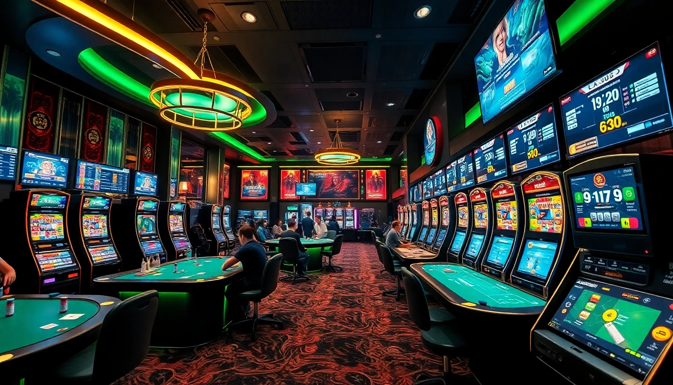 Experience the excitement of UU88 with a captivating casino scene showcasing gaming tables and digital betting interfaces.