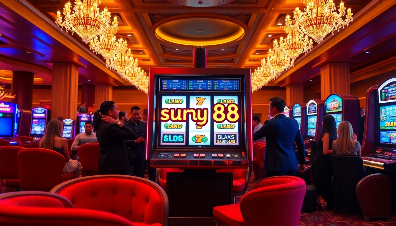 Mendapatkan kemenangan besar di mesin slot surya88 dalam suasana kasino yang hidup.