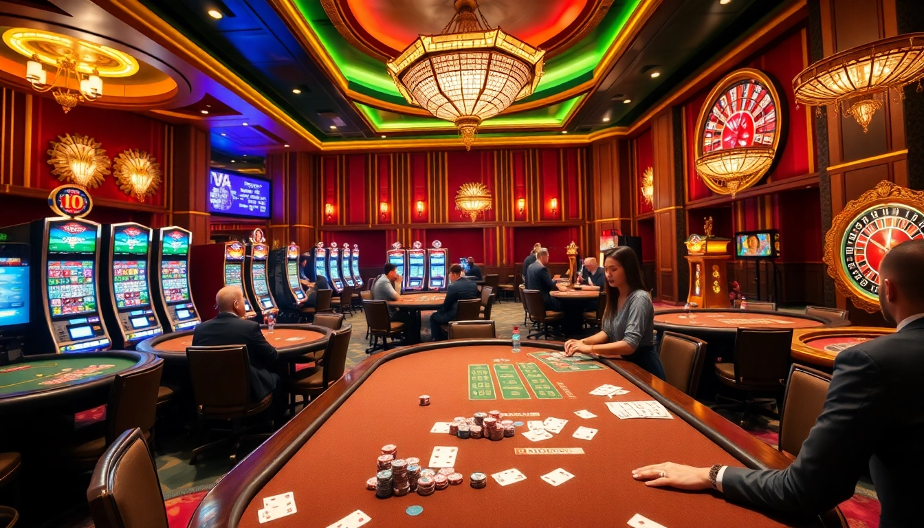 Exciting gameplay at trang chủ UU88 featuring players at poker tables in a luxurious casino setting.